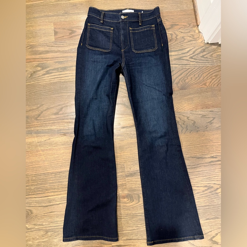 LOFT Petite Patch Pocket High Rise Slim Flare Jeans, Dark Indigo Wash, 27P